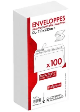 Calligraphe 5665C - 100 white self-adhesive envelopes, 11x22 cm, 80 g