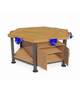 1600mm Hexagonal Steel Frame Workbench with Solid Beech Top Fitted with Vices, Cupboard and Shelf