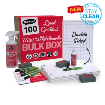 Show-me Bulk Box of 100 x A4 Lined/Gridded Double Sided Whiteboards, pens and erasers plus 2 free cl