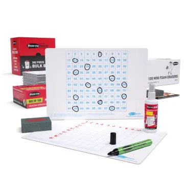 Show-me Bulk Box of 100 x A4 Hundred Square whiteboards, pens and erasers plus 2 free cleaners.