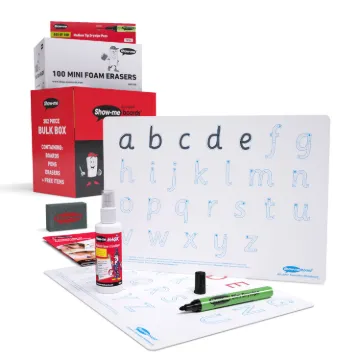 Show-me Bulk Pack of Letter Formation Drywipe Boards, Pens and Erasers (100 of each). Includes 100ml