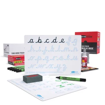Show-me Bulk Pack of Cursive Letter Formation Boards, Pens and Erasers (100 of each). Includes 100ml