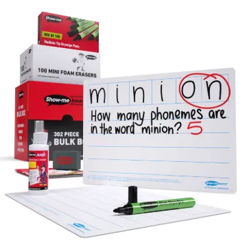 Show-me Bulk Box of 100 x A4 Phoneme 6 Frame Whiteboards, pens and erasers plus 2 free cleaners.