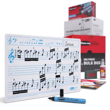Show-me Bulk Box of 100 x A4 Music Ruled whiteboards, pens and erasers plus 2 free cleaners.