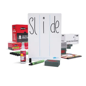 Show-me Bulk Box of 100 x A4 Phonics Progression whiteboards, pens and erasers plus 2 free cleaners.