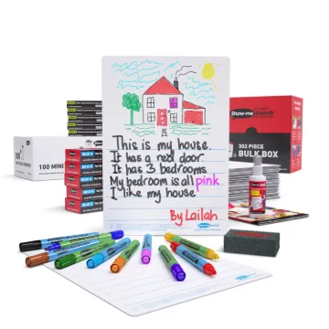 Show-me Bulk Box of 100 x A4 Picture Story whiteboards, pens and erasers plus 2 free cleaners.