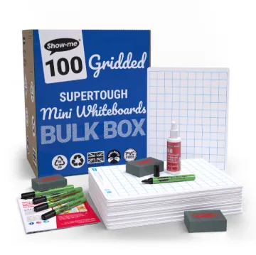 Show-me Bulk Box of 100 x A4 Gridded/Plain SUPERTOUGH Whiteboards, pens and erasers plus 1 free clea