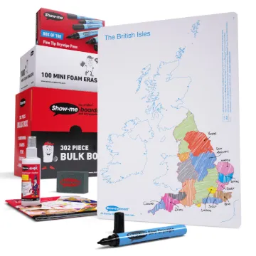 Show-me Bulk Pack of A4 Drywipe Map Boards, Pens and Erasers (100 of each). Includes 100ml sample Sh