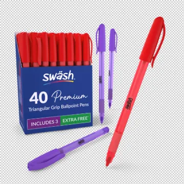 Swash Pack of 40 Premium Triangular Ballpoint Pens with rubber-grip, Red plus 3 FREE Purple